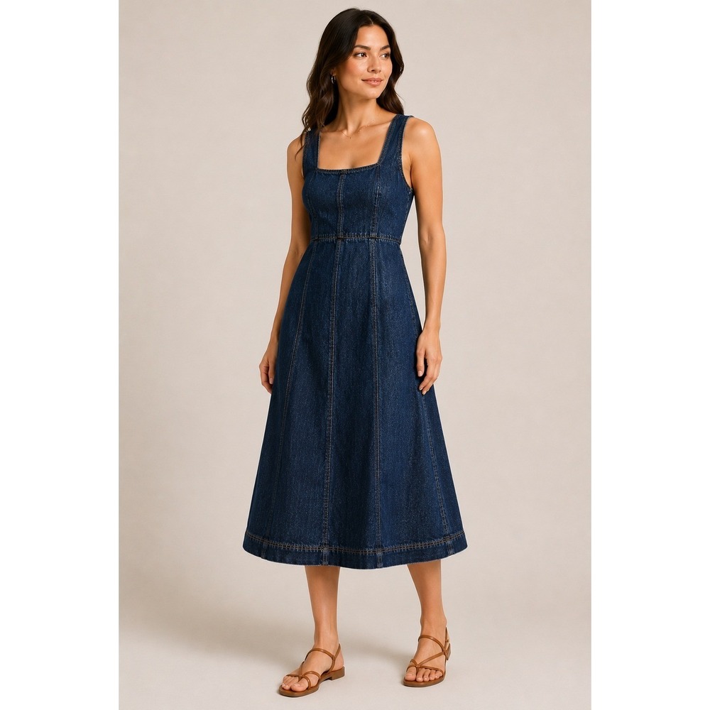 Old Navy Womens Dark Wash Denim Midi Fit and Flare Square Neck Dress Small NWT - Picture 2 of 10